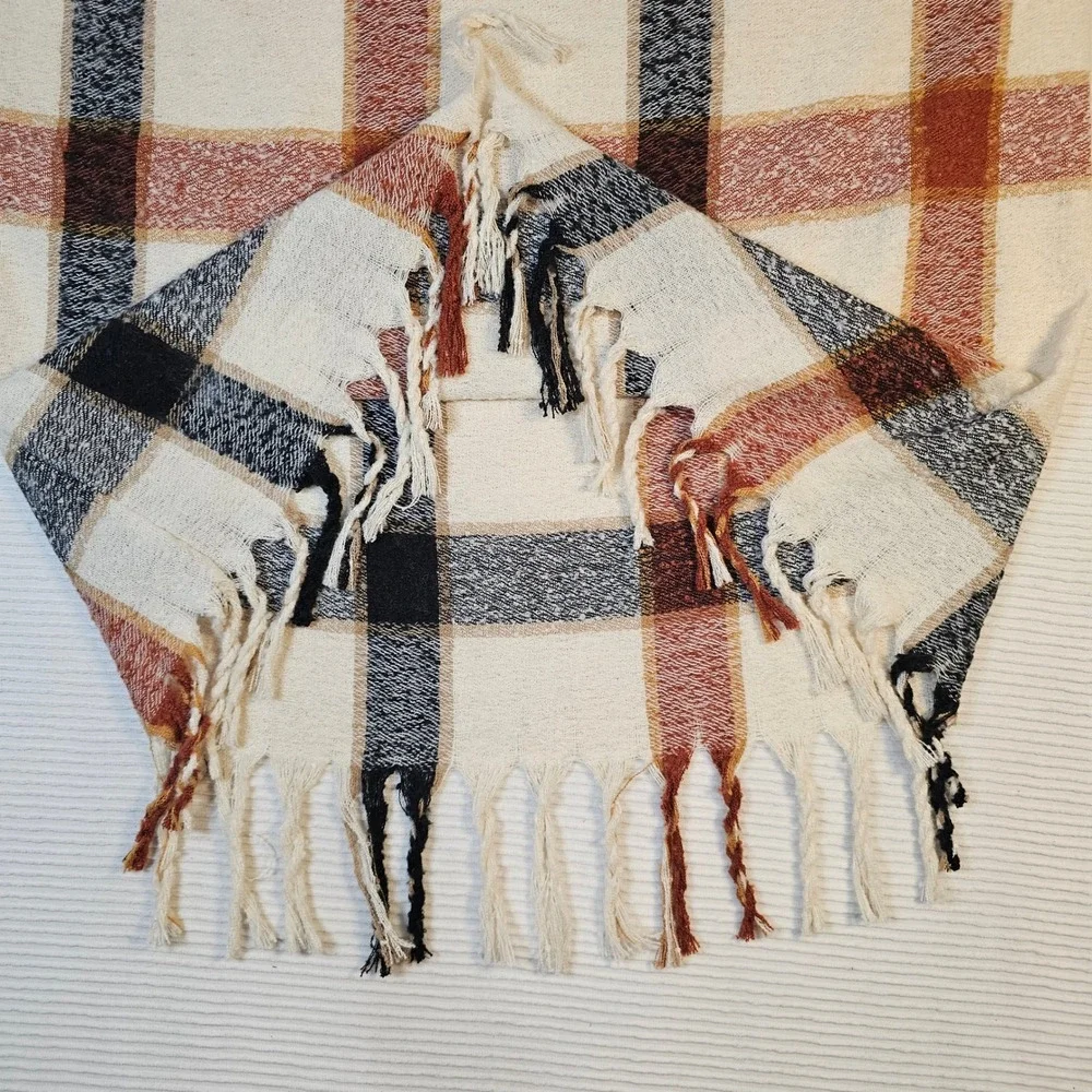 Woven Plaid Fringe Shawl Wrap Cream Rust Black One Size